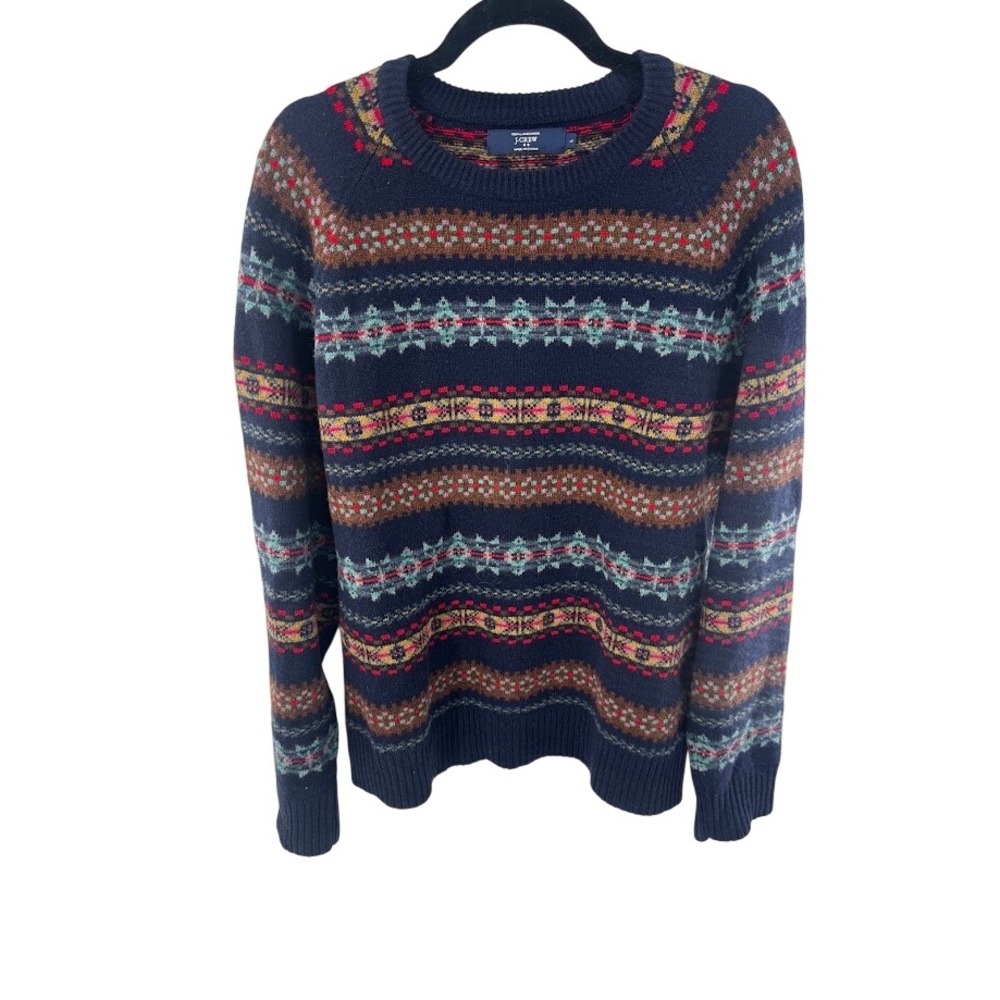 J.Crew Mens Lambswool Fair Isle Crewneck Sweater Navy Blue B3975 Large